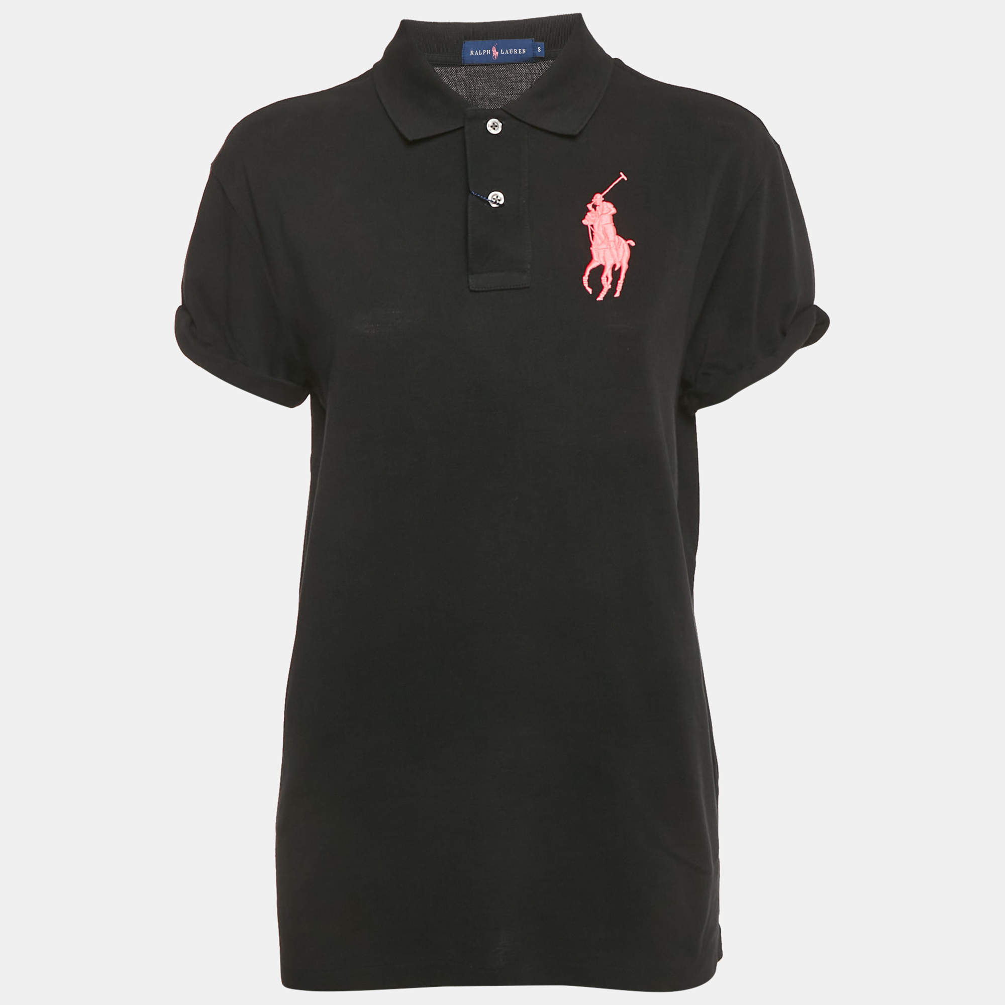 Pre Owned Ralph Lauren Black Embroidered Pony Cotton Rolled Up Sleeve Polo T-Shirt S