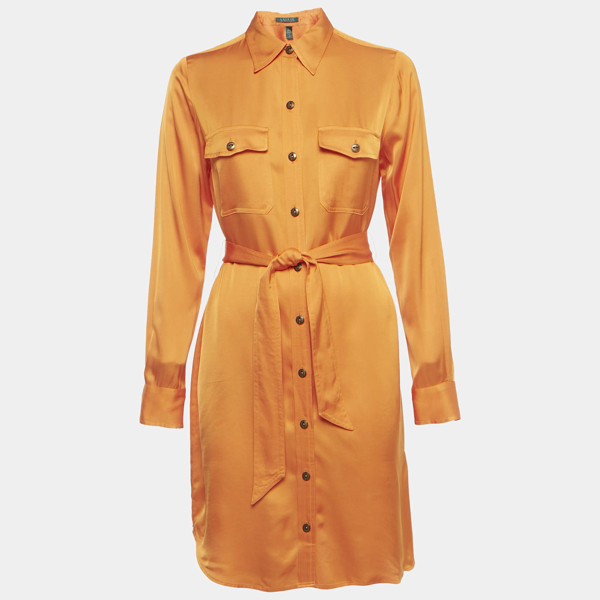 مملوكة مسبقًا Ralph Lauren Orange Satin Belted Shirt Dress S 