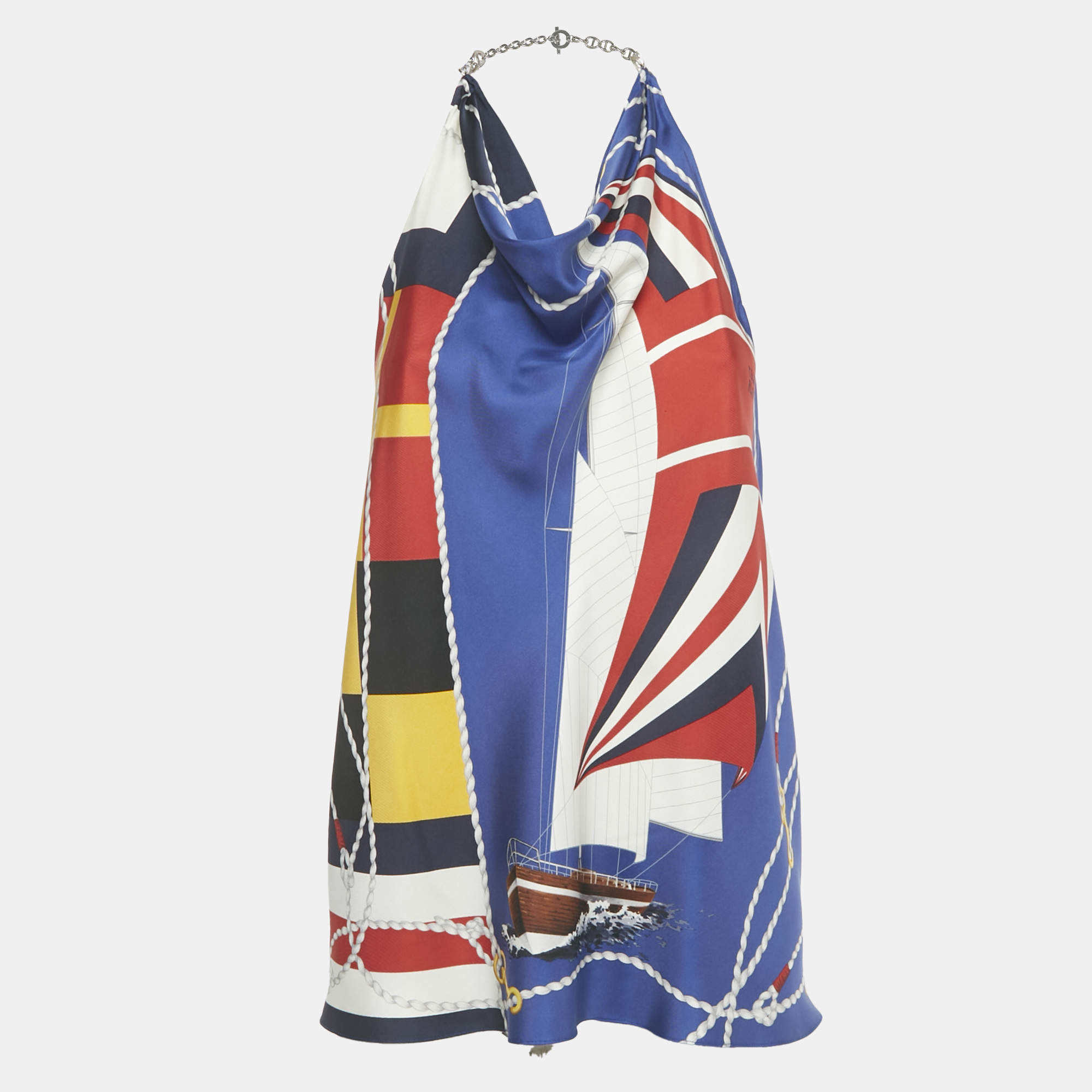 Pre Owned Ralph Lauren Navy Blue Nautical Print Silk Scarf Top XS