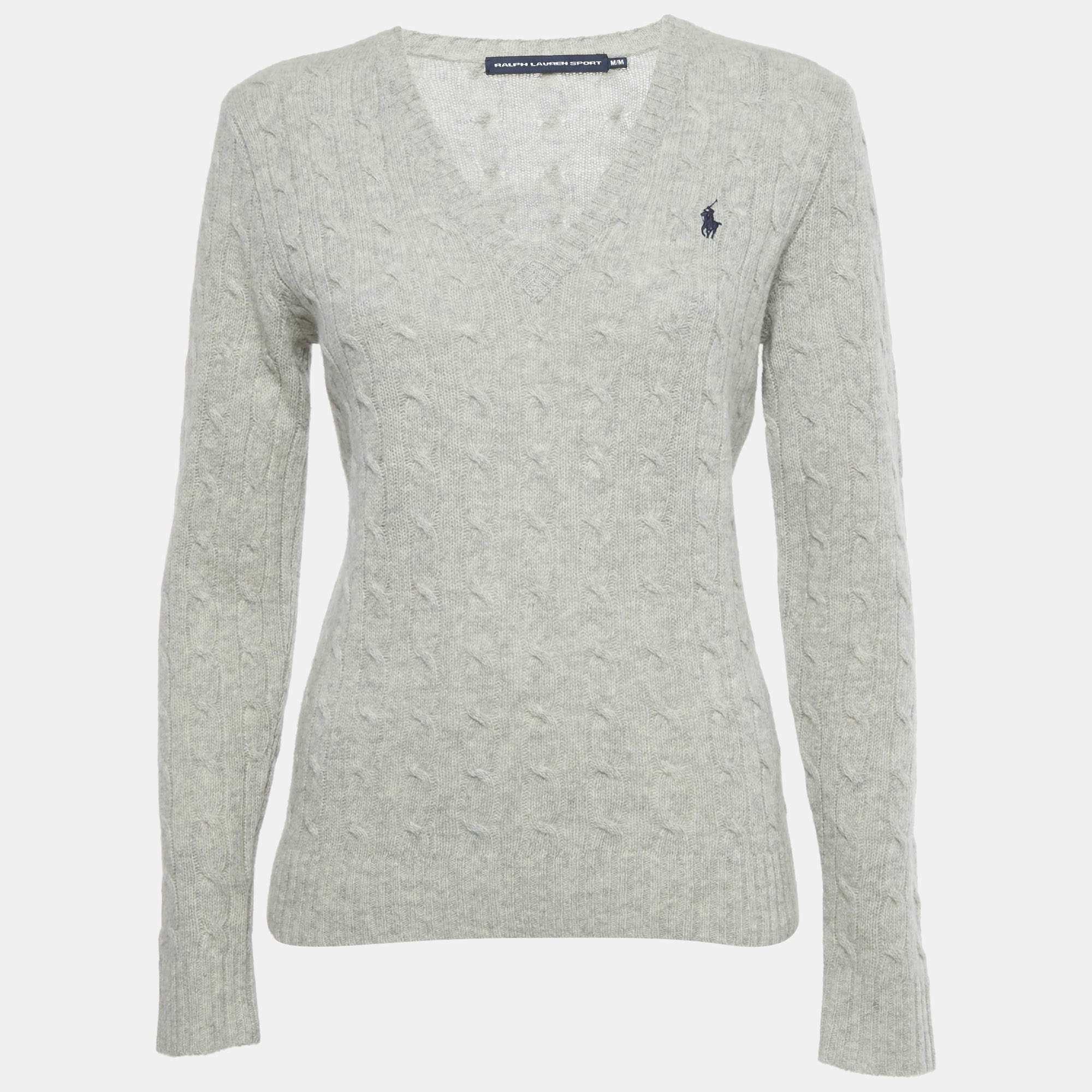 Pre Owned Polo Ralph Lauren Grey Cable Knit V-Neck Sweater M