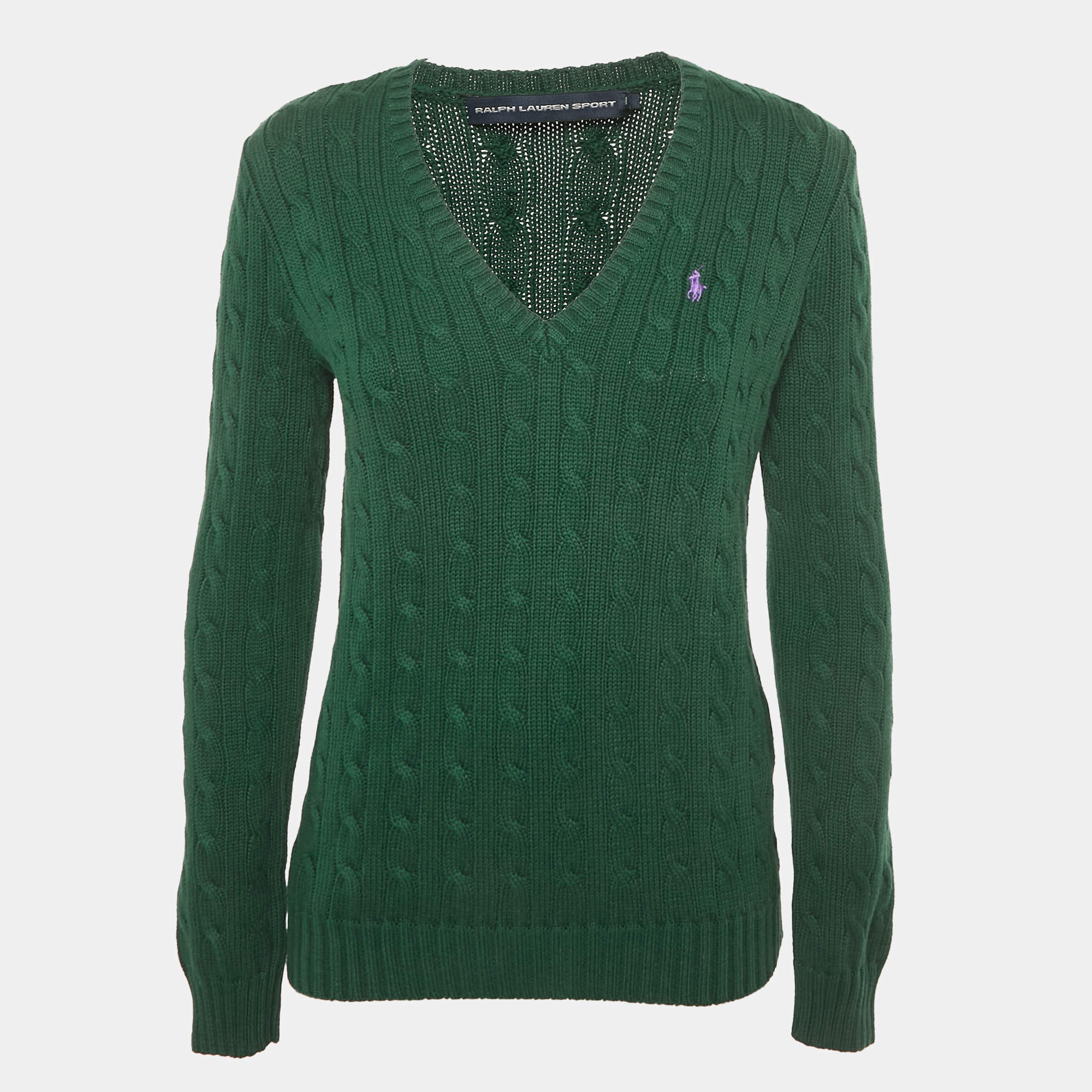 Pre Owned Ralph Lauren Green Logo Embroidered Cable Knit Sweater M