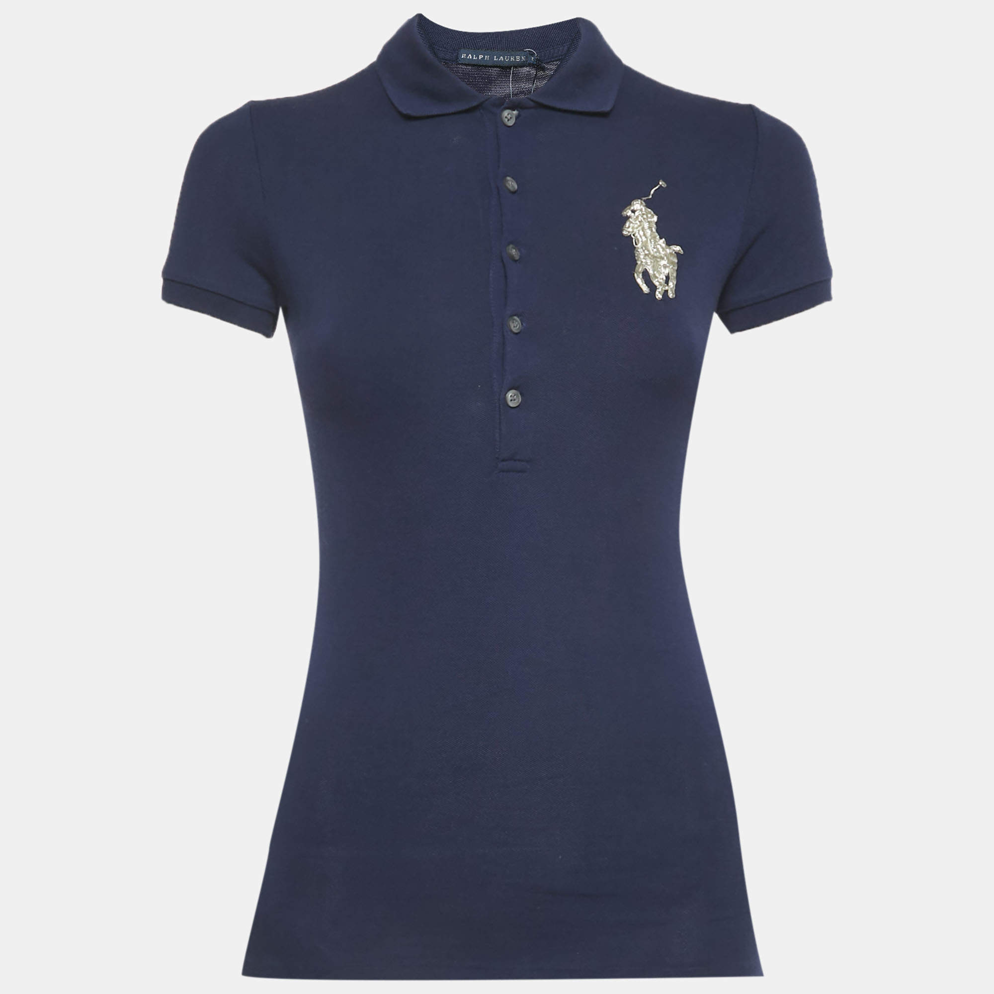 Pre Owned Ralph Lauren Blue Logo Metallic Embroidery Cotton Polo T-Shirt XS