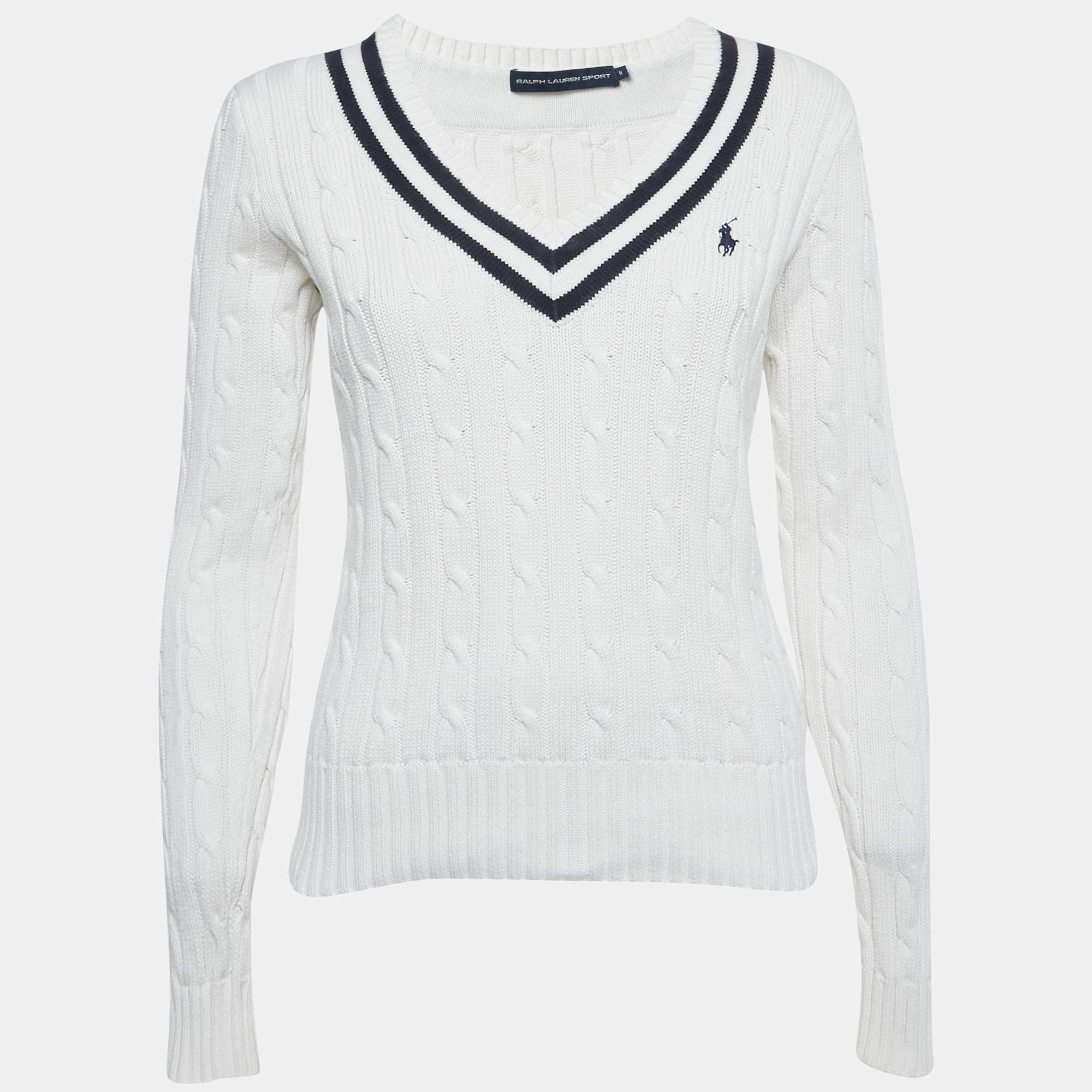 مملوكة مسبقًا Ralph Lauren Sports White Cable Knit V-Neck Sweater M