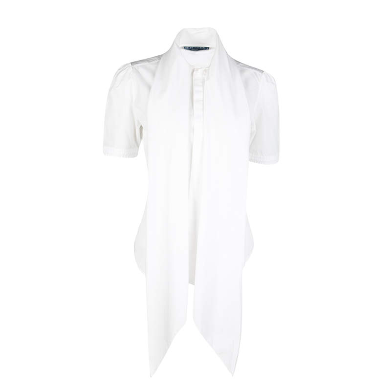 Pre Owned Ralph Lauren White Cotton Draped Collar Short Sleeve Blouse M