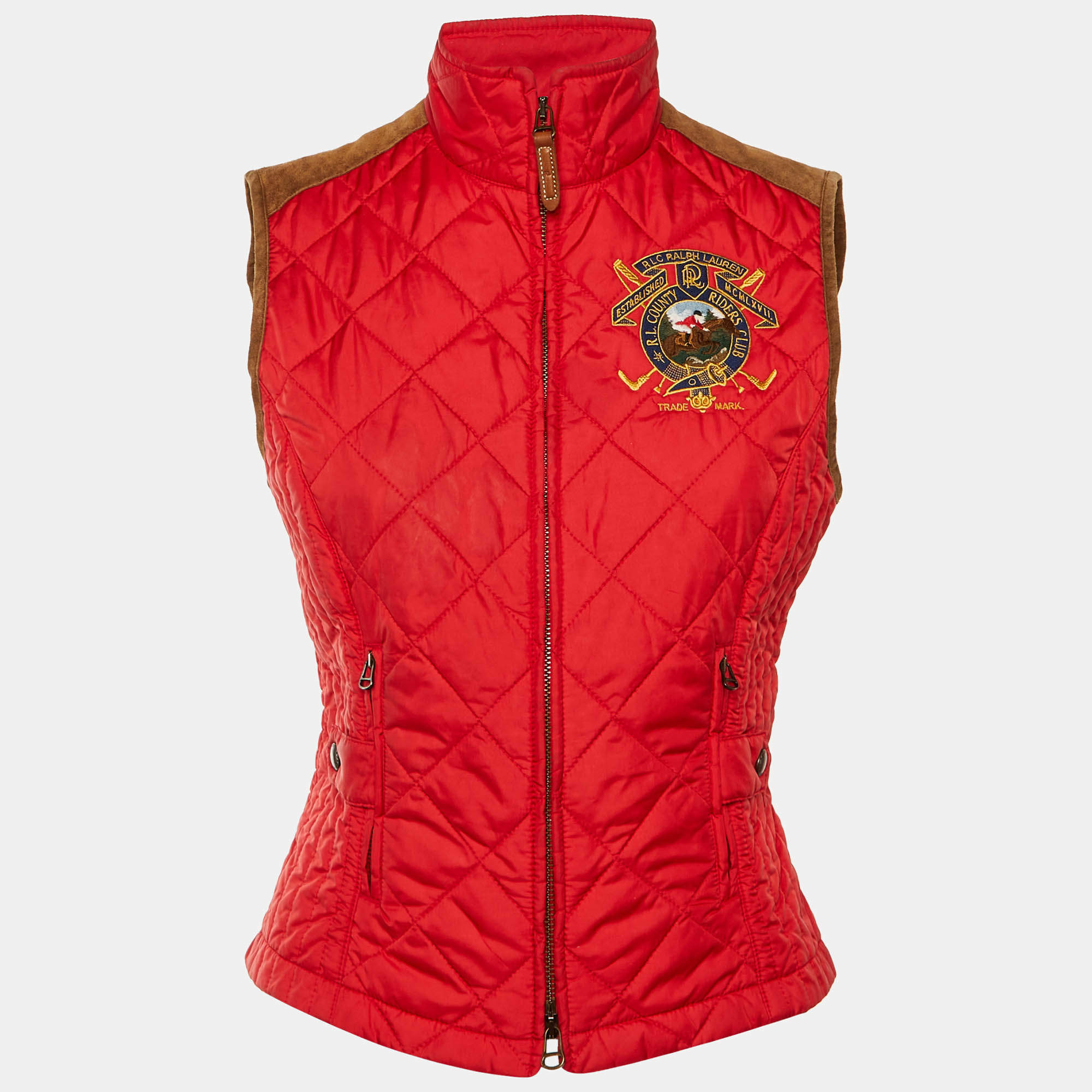 مملوكة مسبقًا Ralph Lauren Red Quilted Suede Trim Zip Up Vest M