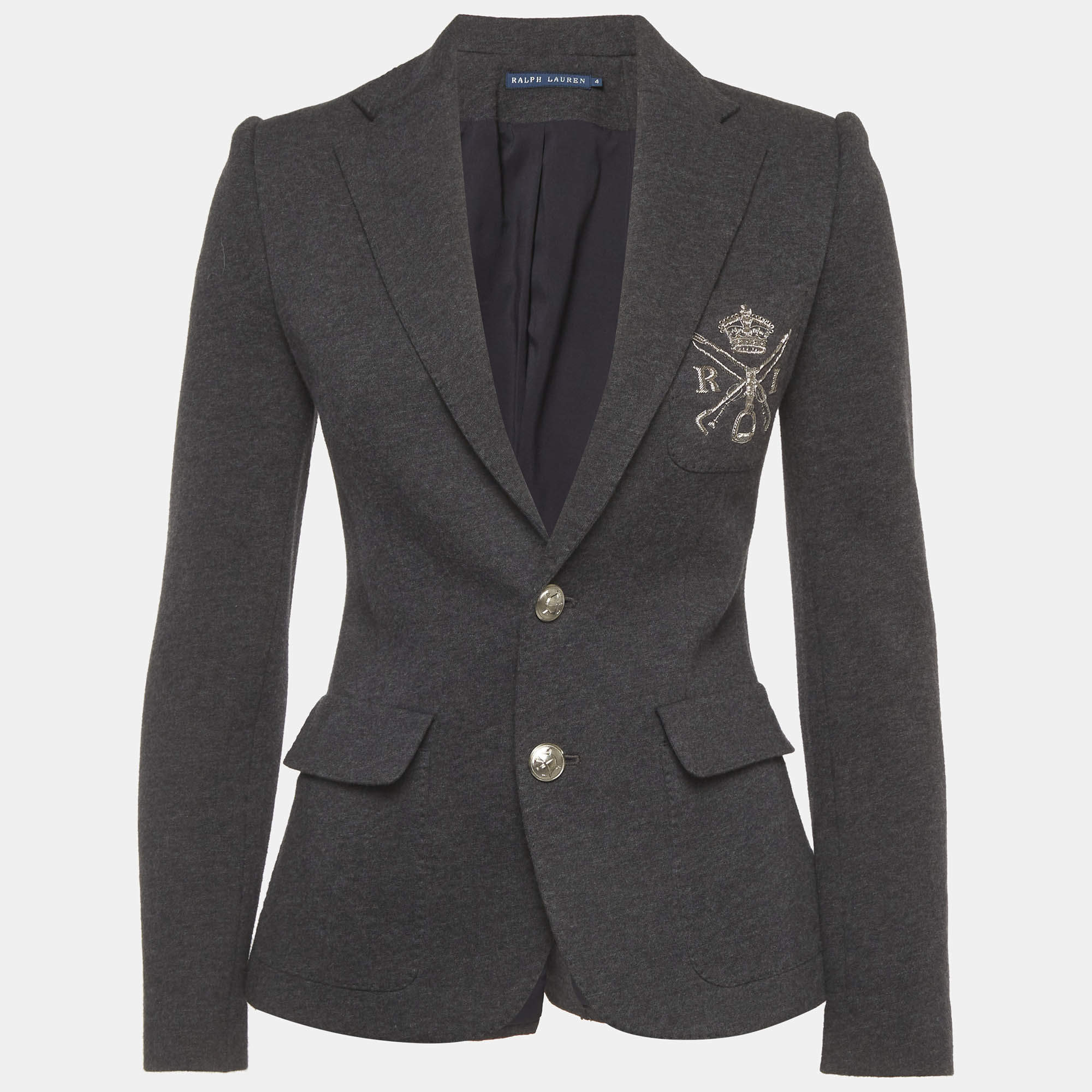 Pre Owned Ralph Lauren Grey Wool Blend RL Embroidered Logo Blazer S