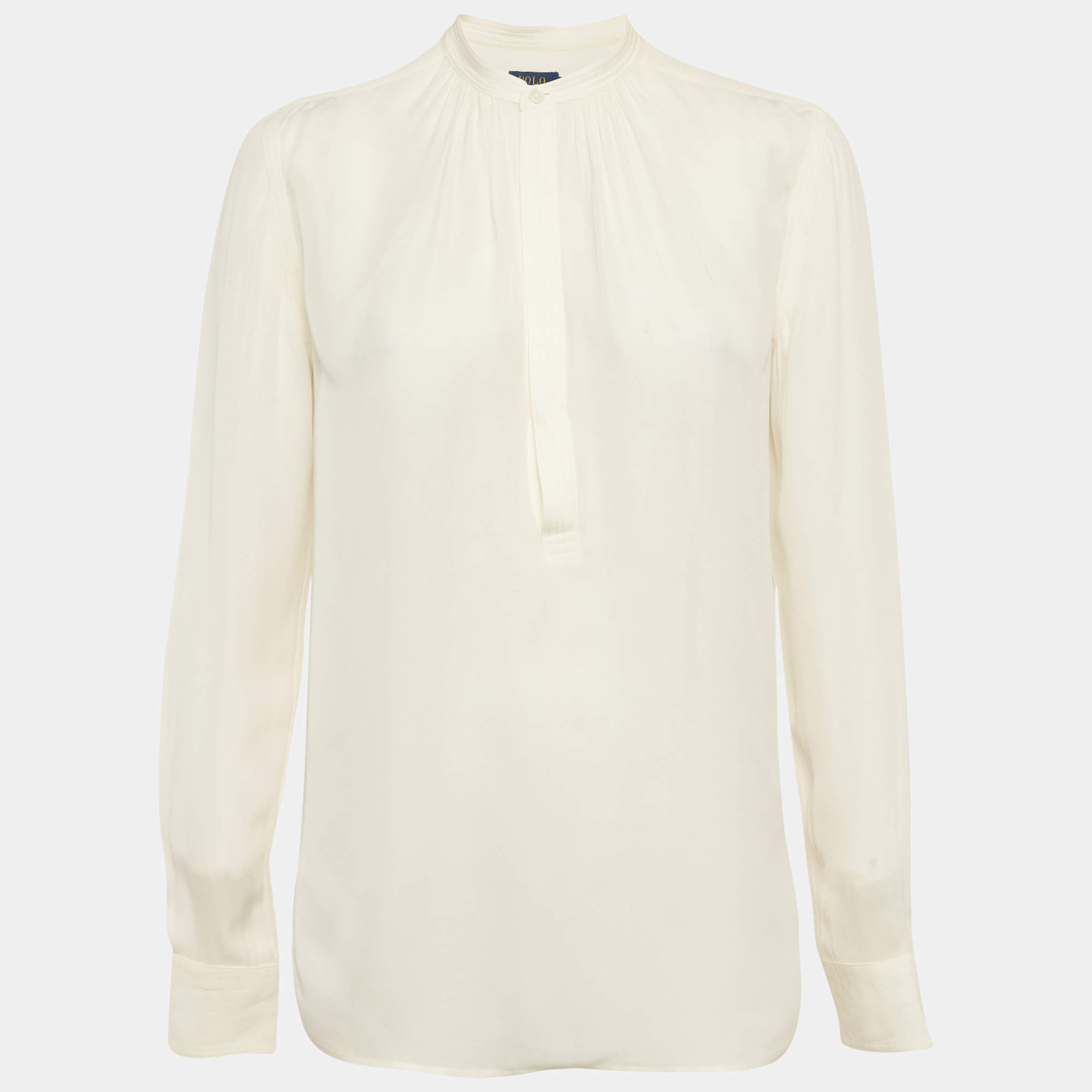 Pre Owned بلوزة نافخة الأكمام رالف لورين مزيج حرير كريمي مقاس صغير (سمول)