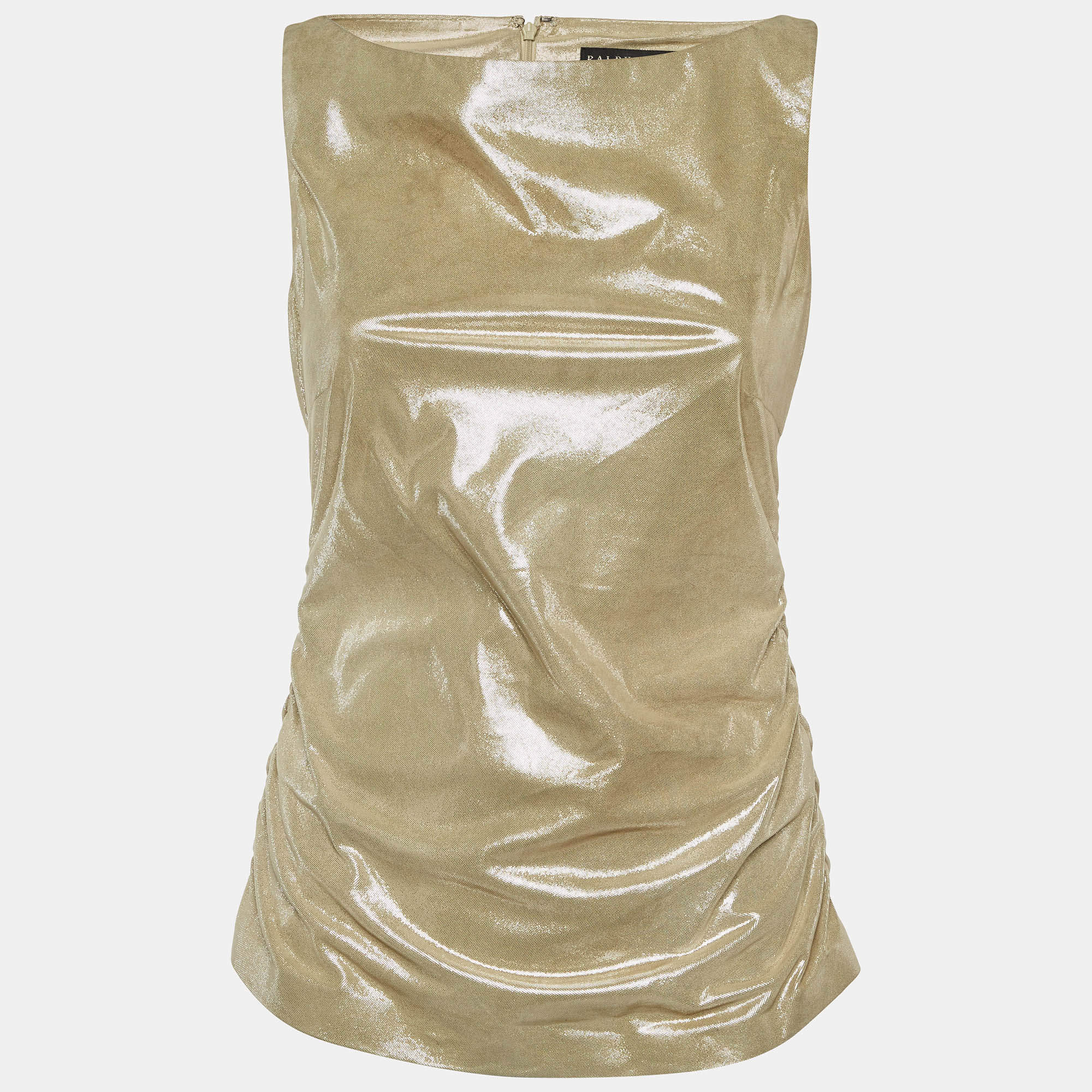 Pre Owned بلوزة رالف لورين بيوج ذات طباعة معدنية بدون أكمام من جلد سويدي مقاس متوسط