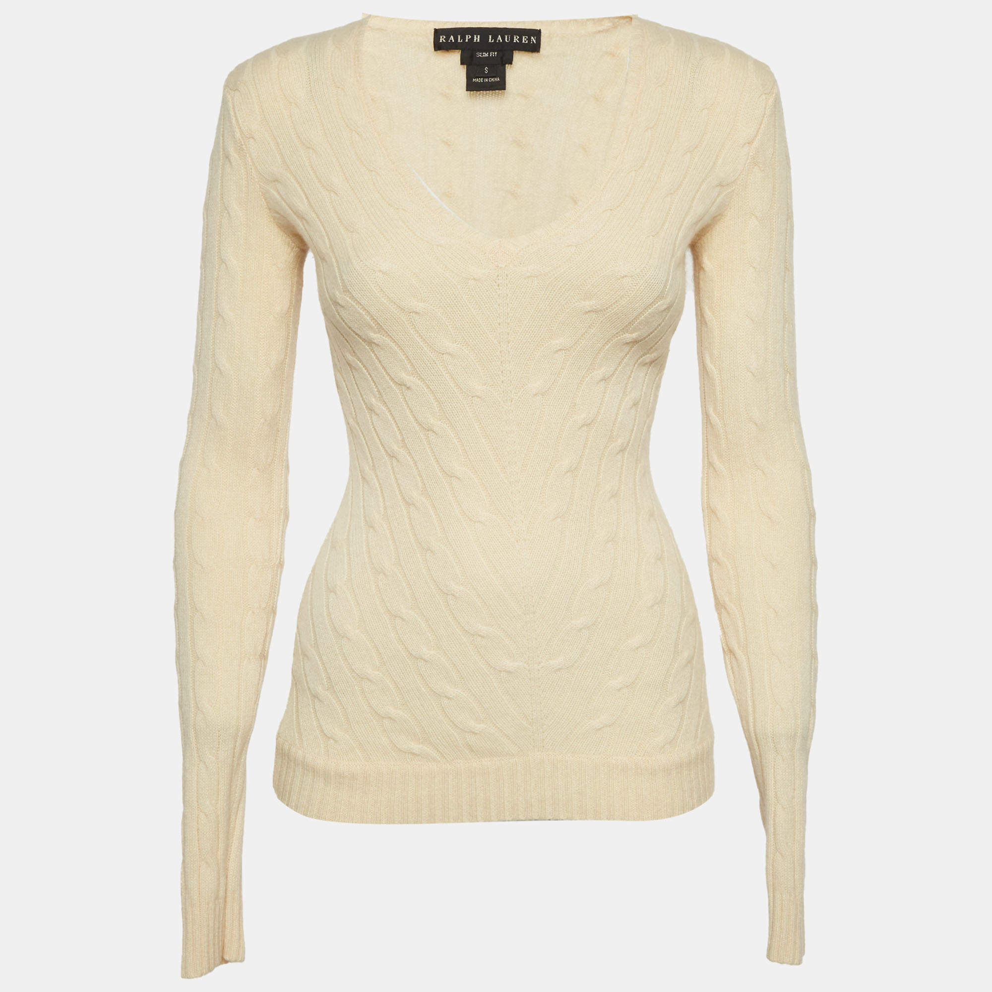 مملوكة مسبقًا سويتر رالف لورين كشمير كريمي مضلع بحياكة ضيقة مقاس صغير (سمول)