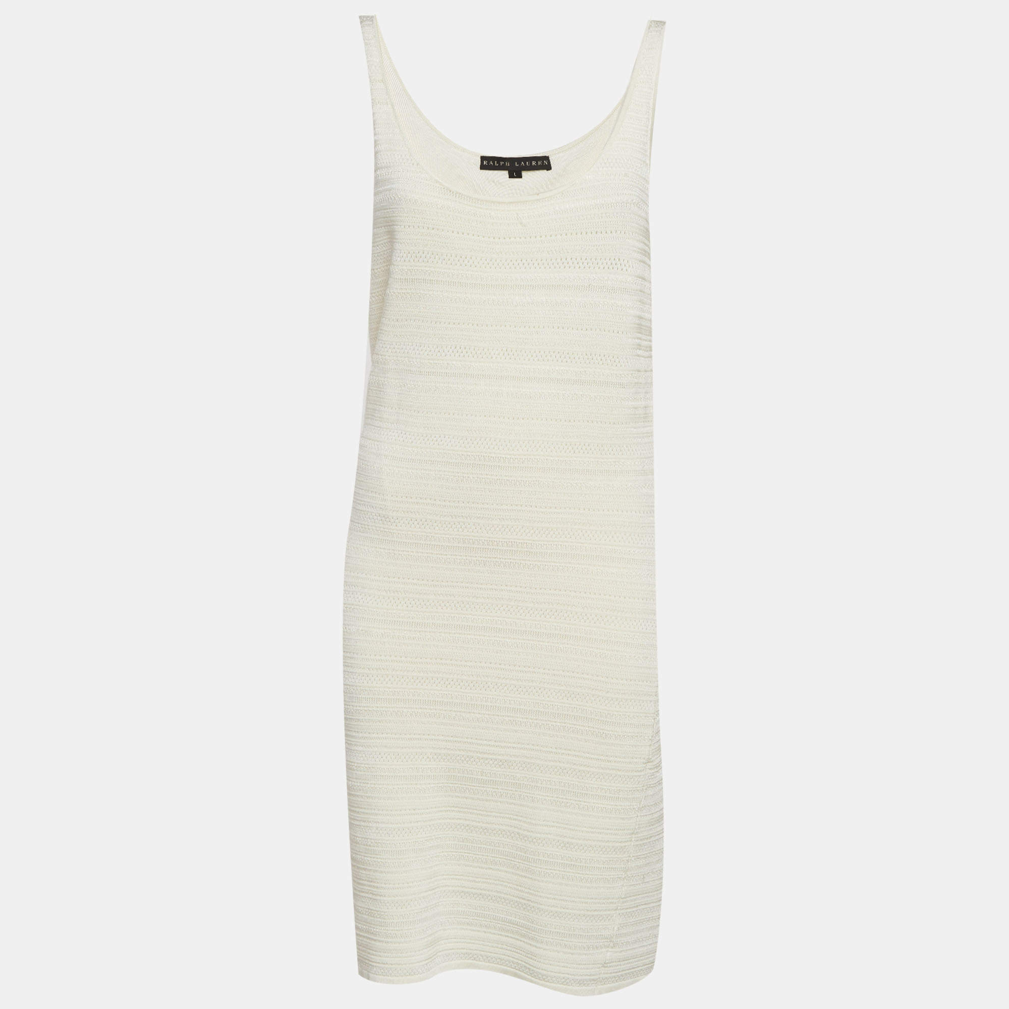 Pre Owned Ralph Lauren White Pointelle Knit Mini Dress L