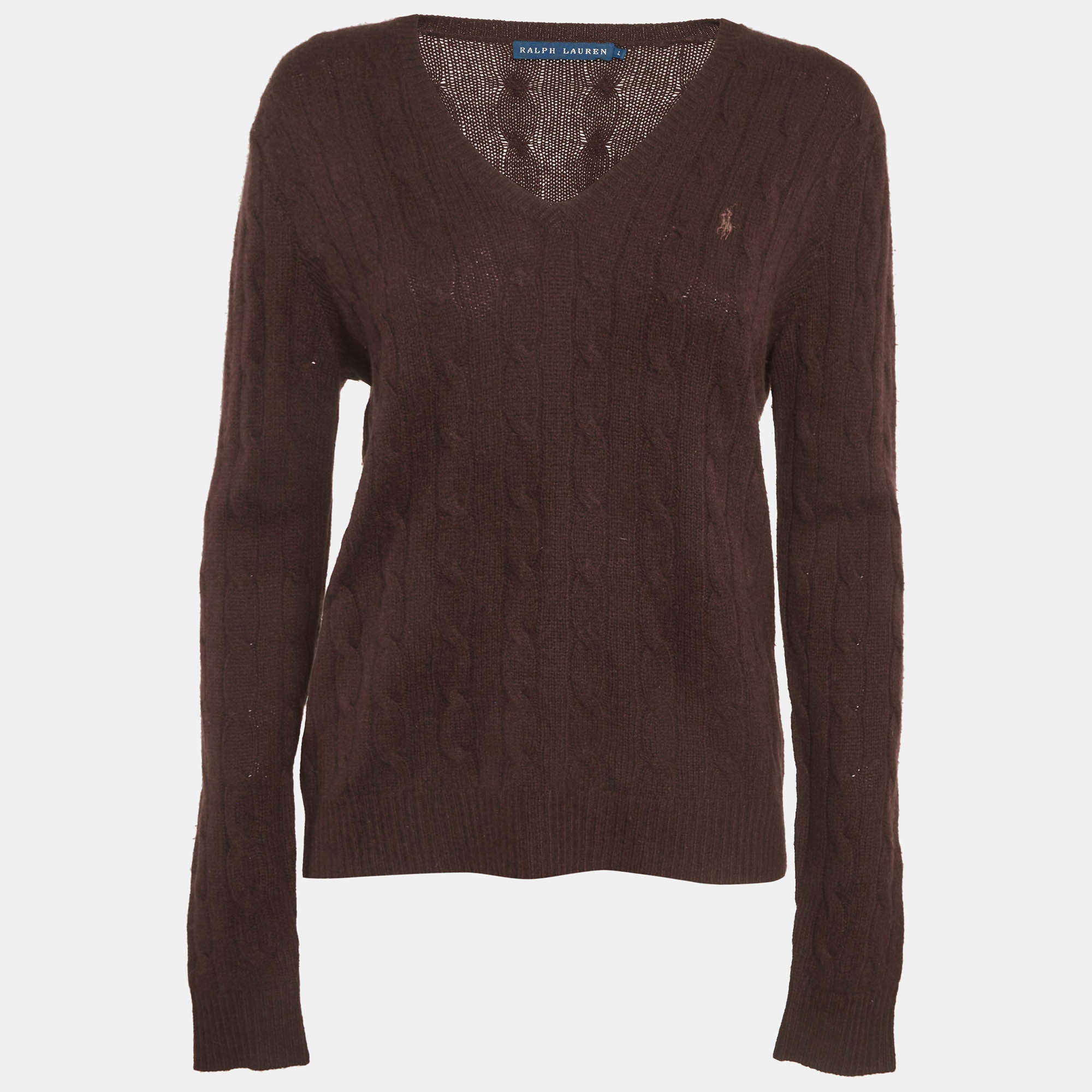 مملوكة مسبقًا Ralph Lauren Brown Wool Blend Cable Knit Sweater L