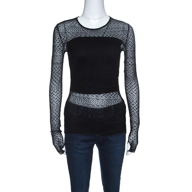 Pre Owned Ralph Lauren Black Patterned Silk Mesh Long Sleeve Top S