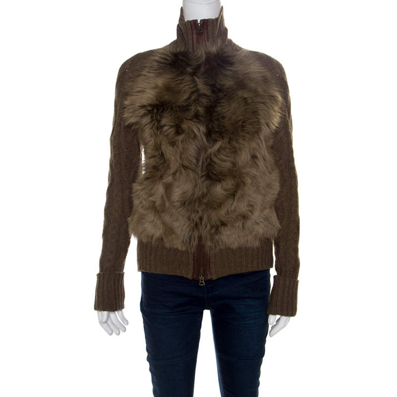 Pre Owned Ralph Lauren Brown Wool and Angora Knit Fur Panel Detail Zip Front Jacket XS