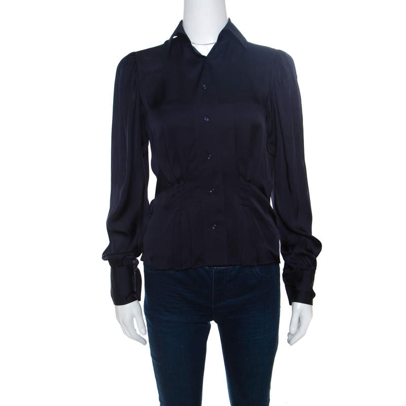 Pre Owned Ralph Lauren Navy Blue Silk Satin Pleat Detail Button Front Shirt S