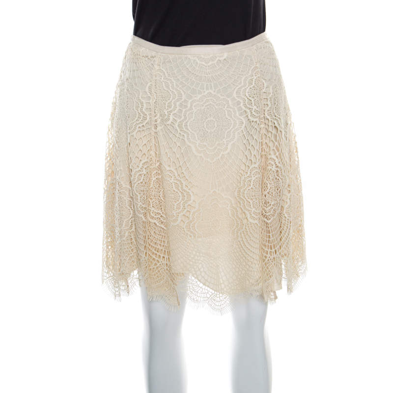 Pre Owned Ralph Lauren Beige Floral Scalloped Lace Flared Mini Skirt S