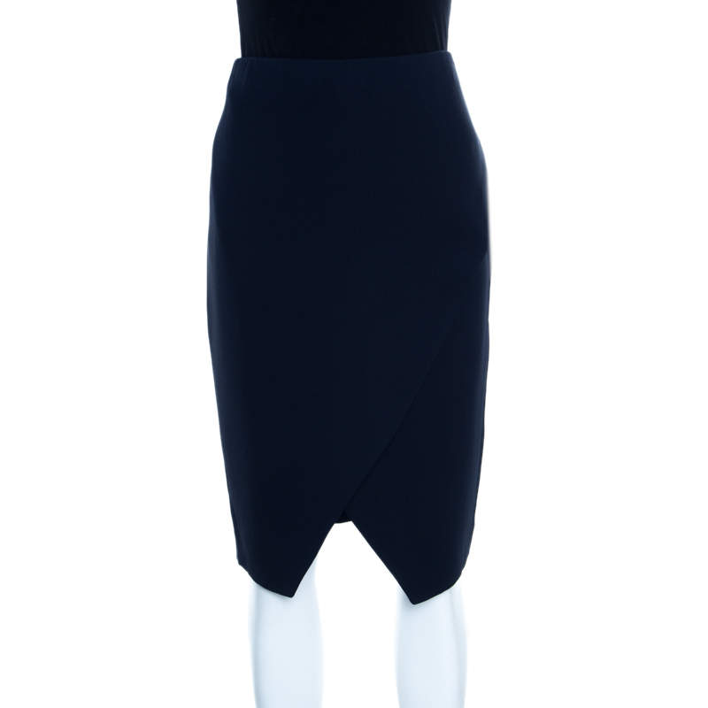 Pre Owned Ralph Lauren Navy Blue Silk Crepe Faux Wrap Kristen Skirt M