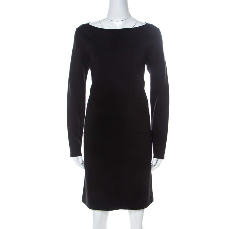 Pre Owned Ralph Lauren Black Stretch Knit Leather Trim Detail Shift Dress L