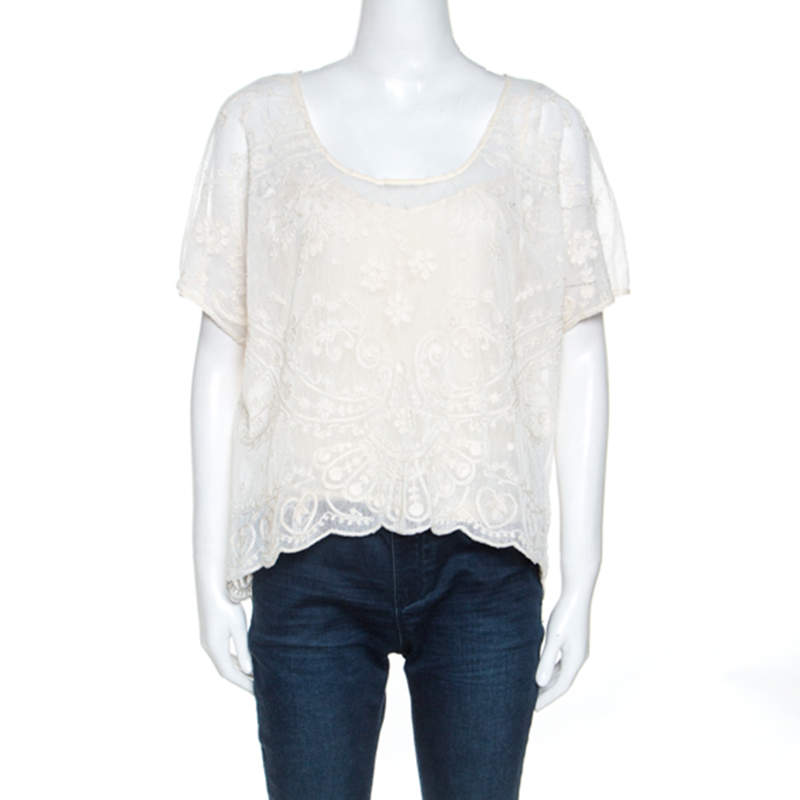 Ralph Lauren Off White Embroidered Knit Top M
