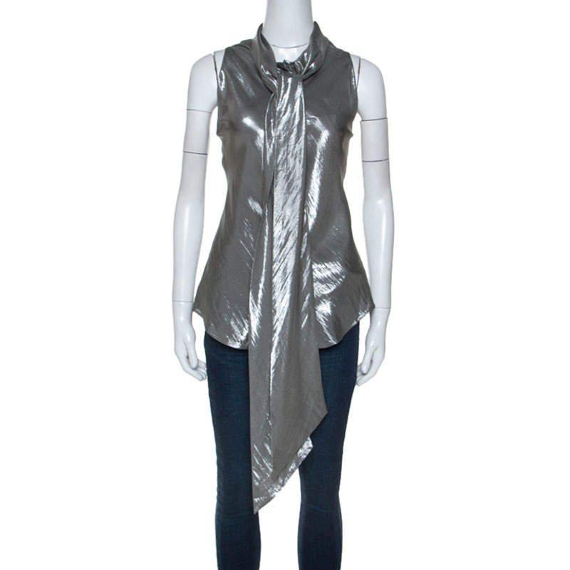 Ralph Lauren Silver Silk Blend Tie Neck Detail Button Front Top M 