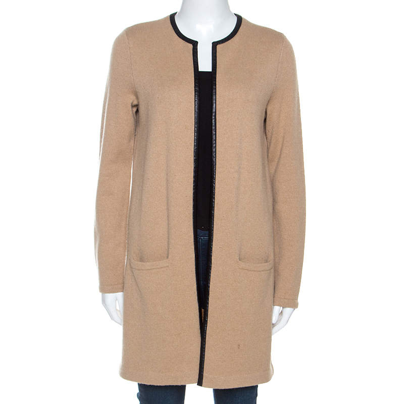 Pre Owned Ralph Lauren Beige Cashmere Knit Leather Trim Cardigan M