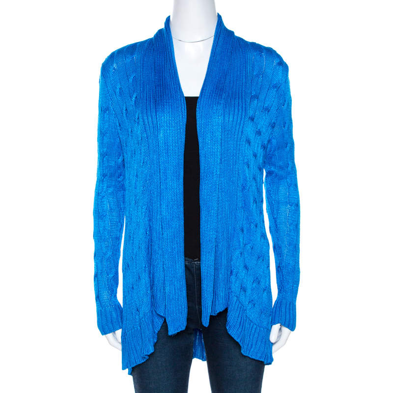 Pre Owned Ralph Lauren Blue Silk Cable Knit Circle Cardigan S