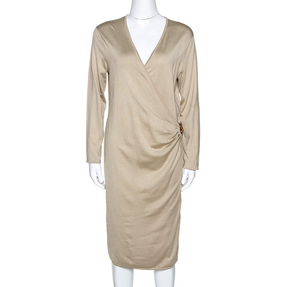 Pre Owned Ralph Laurent Beige Silk Knit Leather Strap Detail Fitted Dress L
