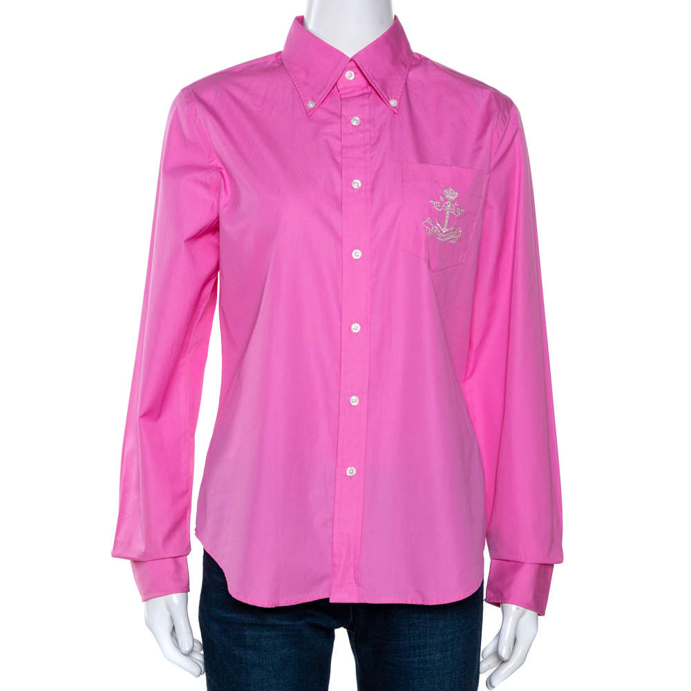 Pre Owned Ralph Lauren Pink Cotton Button Down Fitted Shirt L