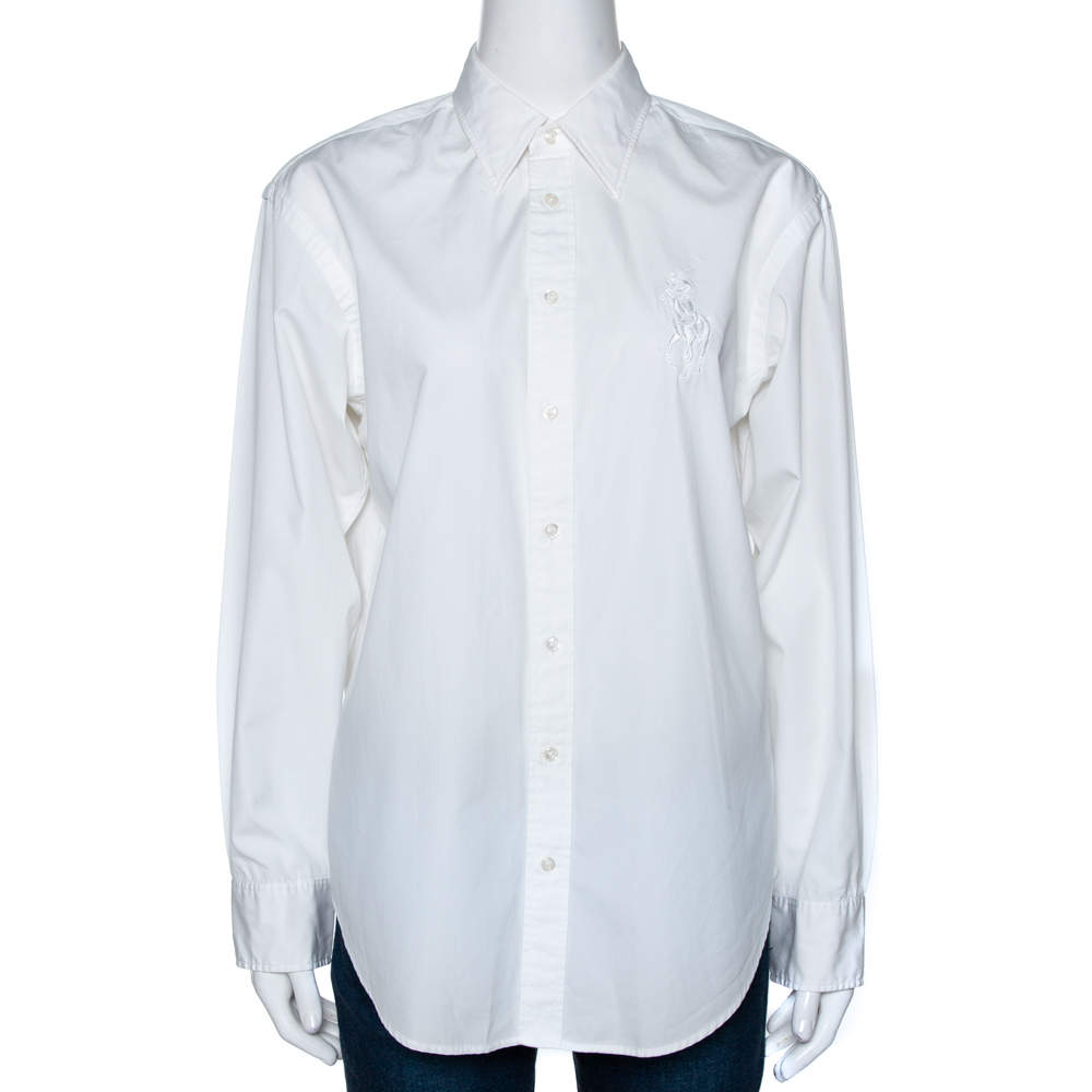 Pre Owned Ralph Lauren White Cotton Relaxed Fit Button Front Shirt L