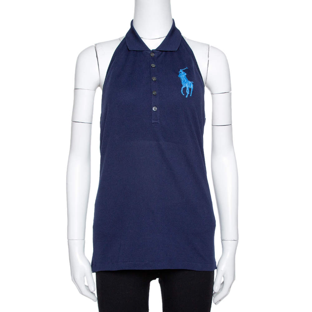 Ralph Lauren Navy Blue Cotton Halter Neck Polo T-Shirt L