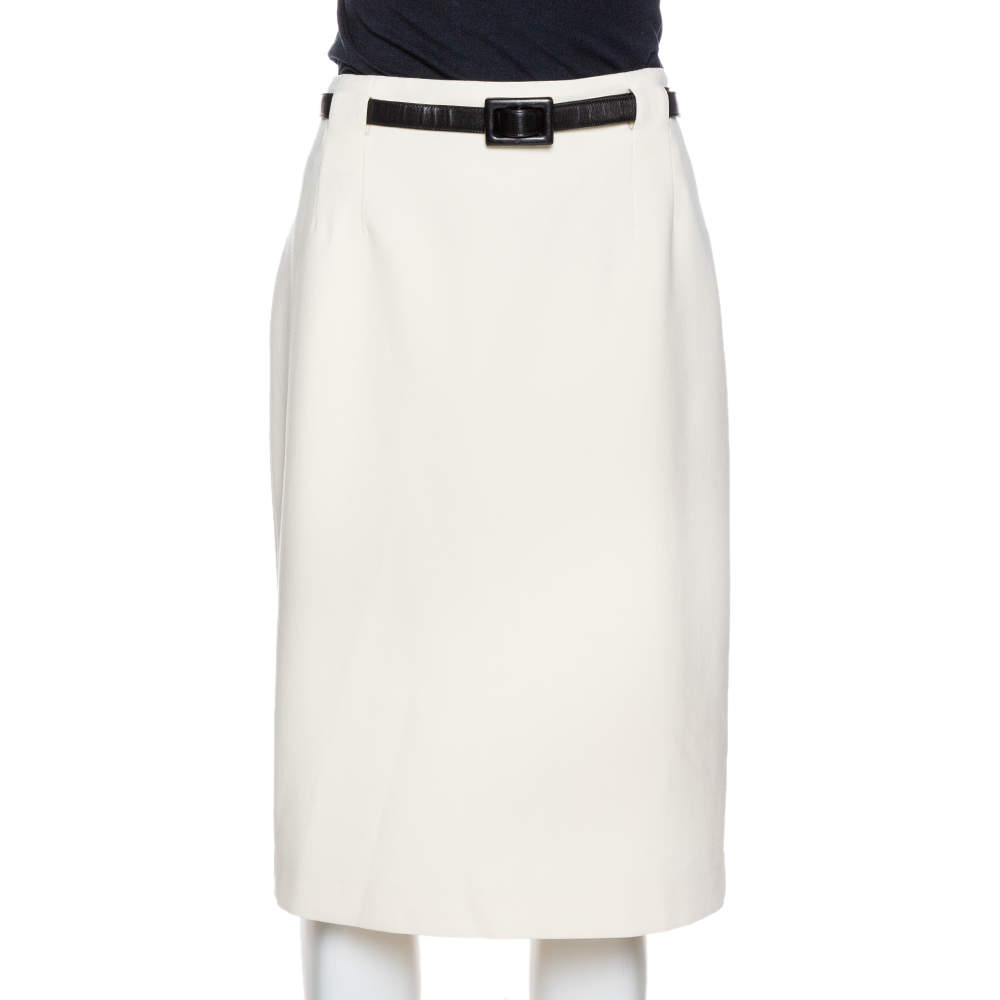 Pre Owned Ralph Lauren Cream Wool Crepe Belted Skirt L