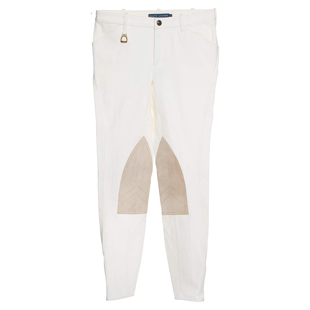 Pre Owned Ralph Lauren Cream Cotton Suede Patched Slim Fit Pants S