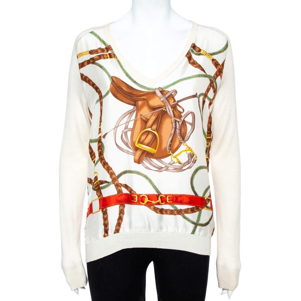 Ralph Lauren Cream Bridle Print Silk & Knit Jumper L