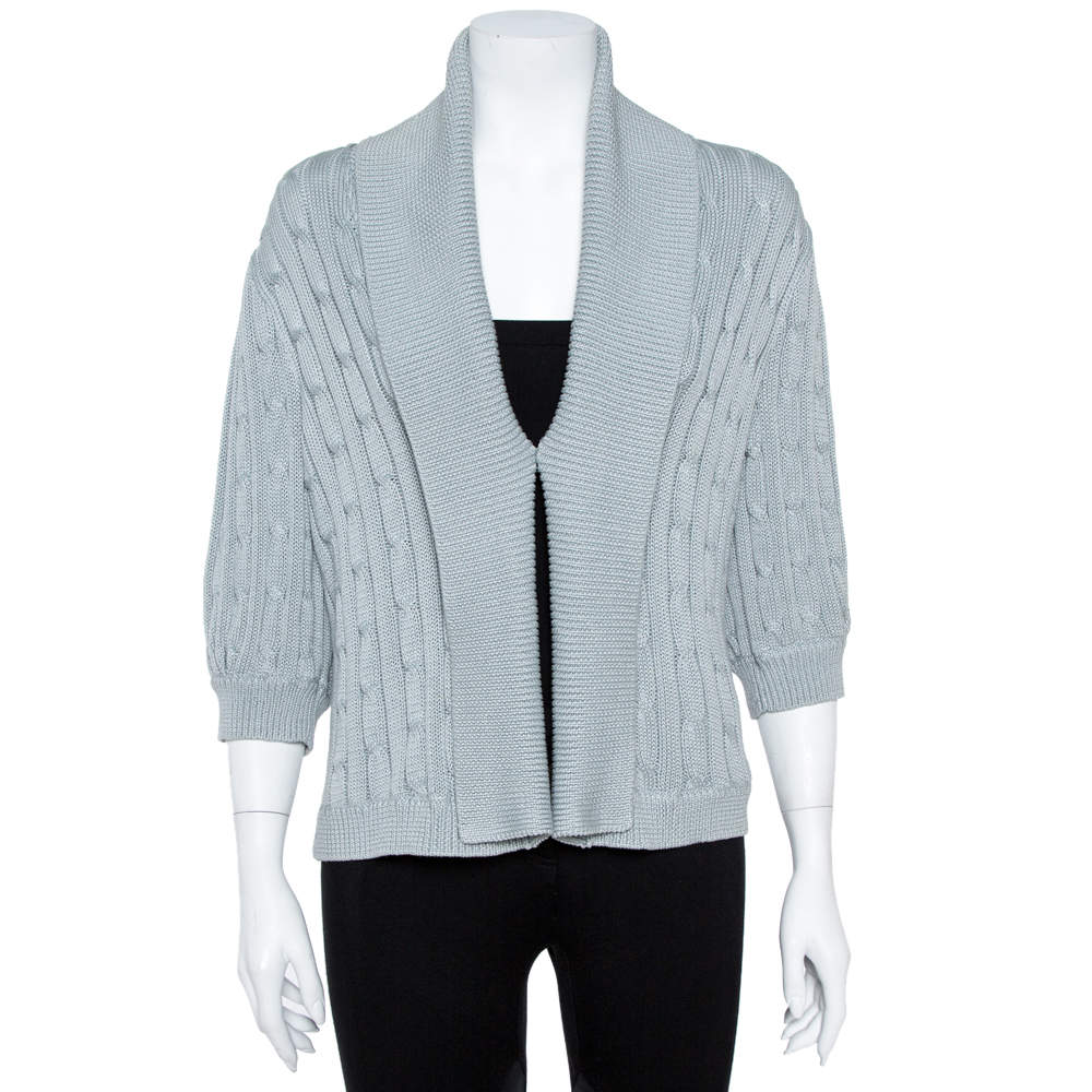 Pre Owned Ralph Lauren Pale Blue Cotton Cable Knit Shawl Lapel Cardigan L