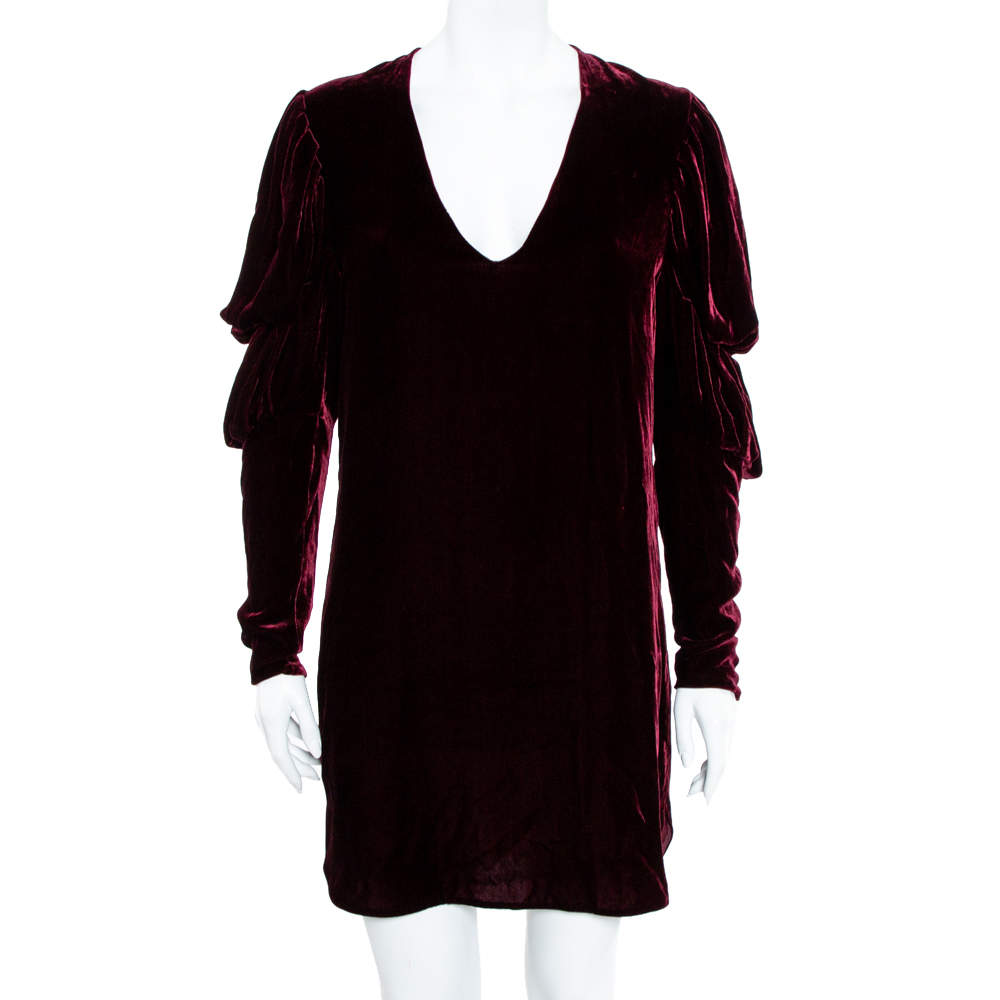 Pre Owned Ralph Lauren Collection Maroon Velvet Victorian Sleeve Detail Shift Dress S