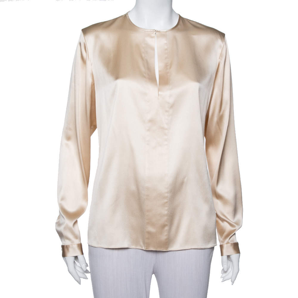 Pre Owned Ralph Lauren Cream Silk Long Sleeve Top L