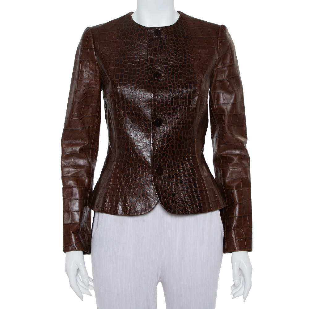 Pre Owned جاكيت رالف لورين رقبة مستديرة جلد بني مقاس وسط (ميديوم)