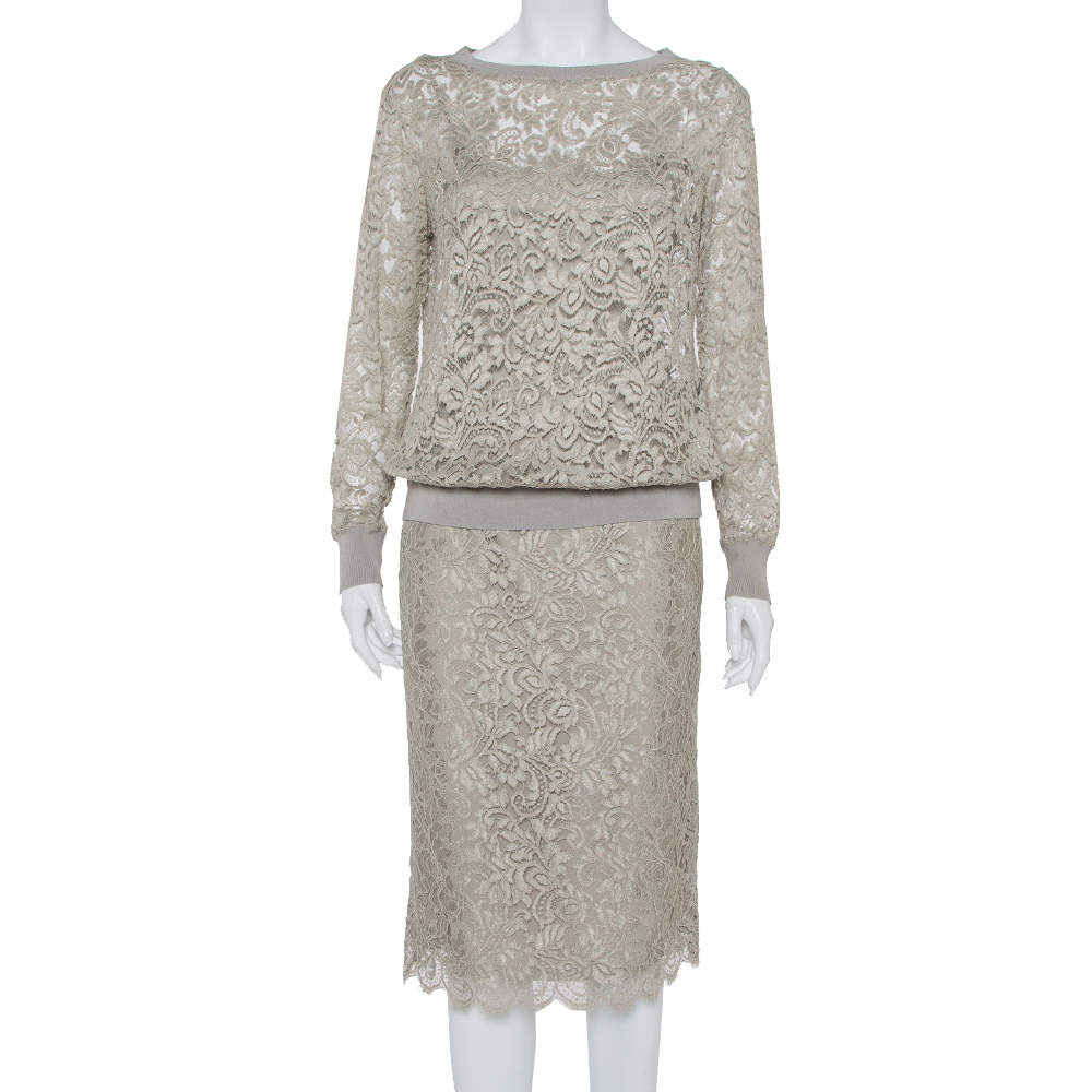 Pre Owned Ralph Lauren Grey Lace Top & Pencil Skirt Set S