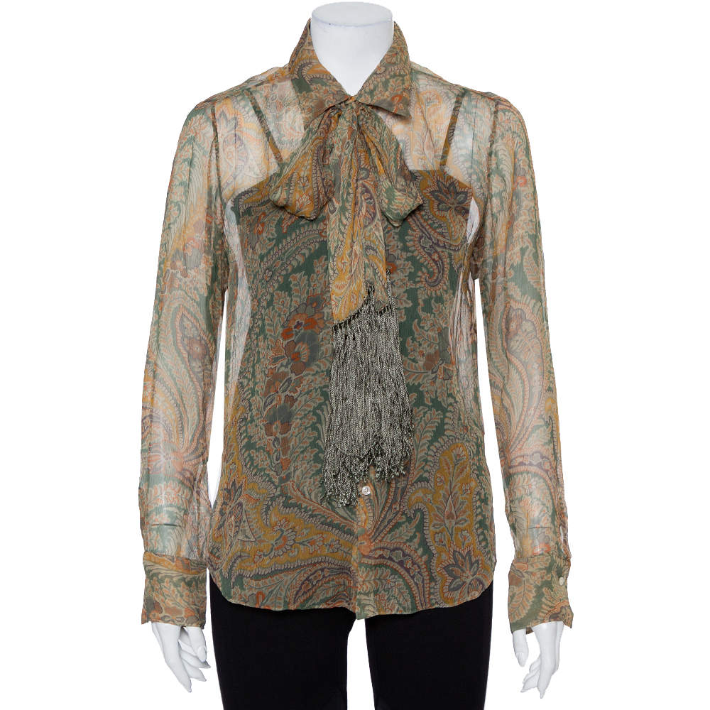 Pre Owned قميص رالف لورين شفاف مزين رباط عنق مطبوع مورد متعدد الألوان مقاس كبير (لارج)