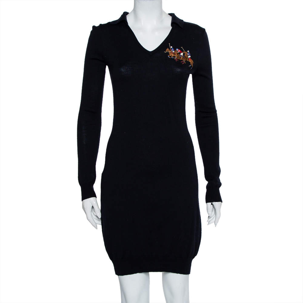 Pre Owned فتسان رالف لورين ميدي مطرز شعار ياقة صوف كحلي مقاس كبير