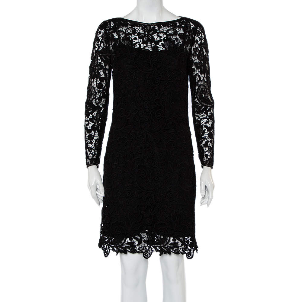 Pre Owned فستان رالف لورين ميريل دانتيل أسود وحواف جلد مقاس متوسط - ميديوم