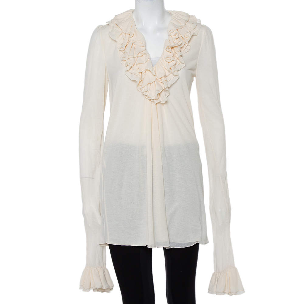 Pre Owned Ralph Lauren Cream Cotton Long Sleeve Ruffled Tunic M