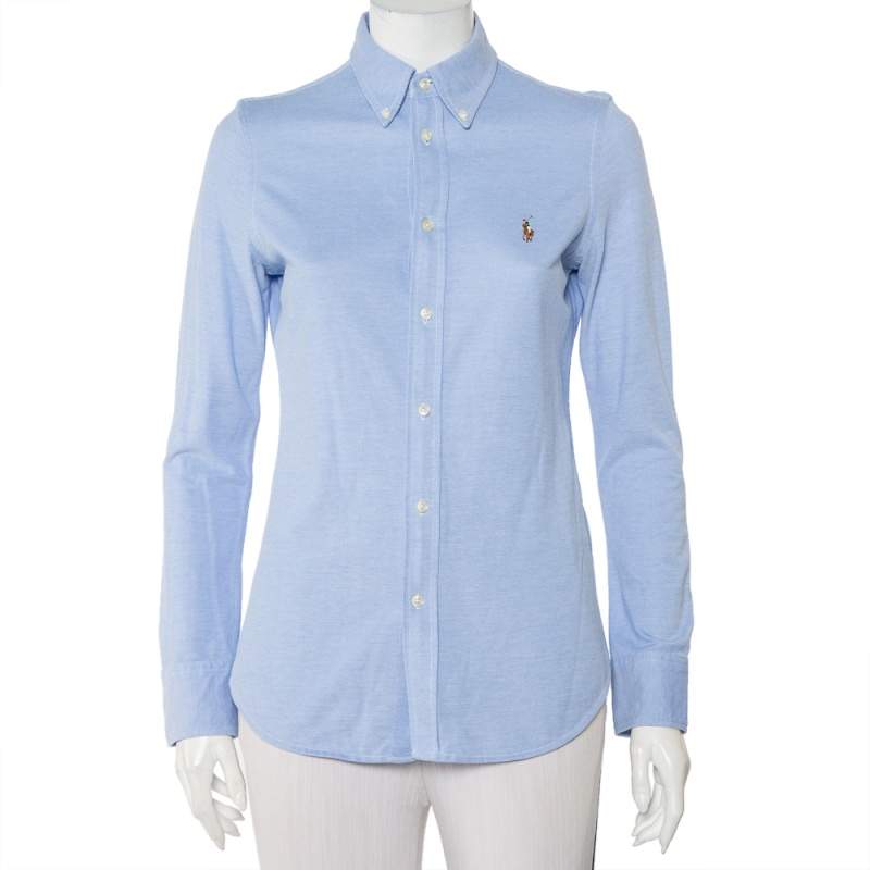 Pre Owned Ralph Lauren Blue Cotton Knit Oxford Button Down Shirt M