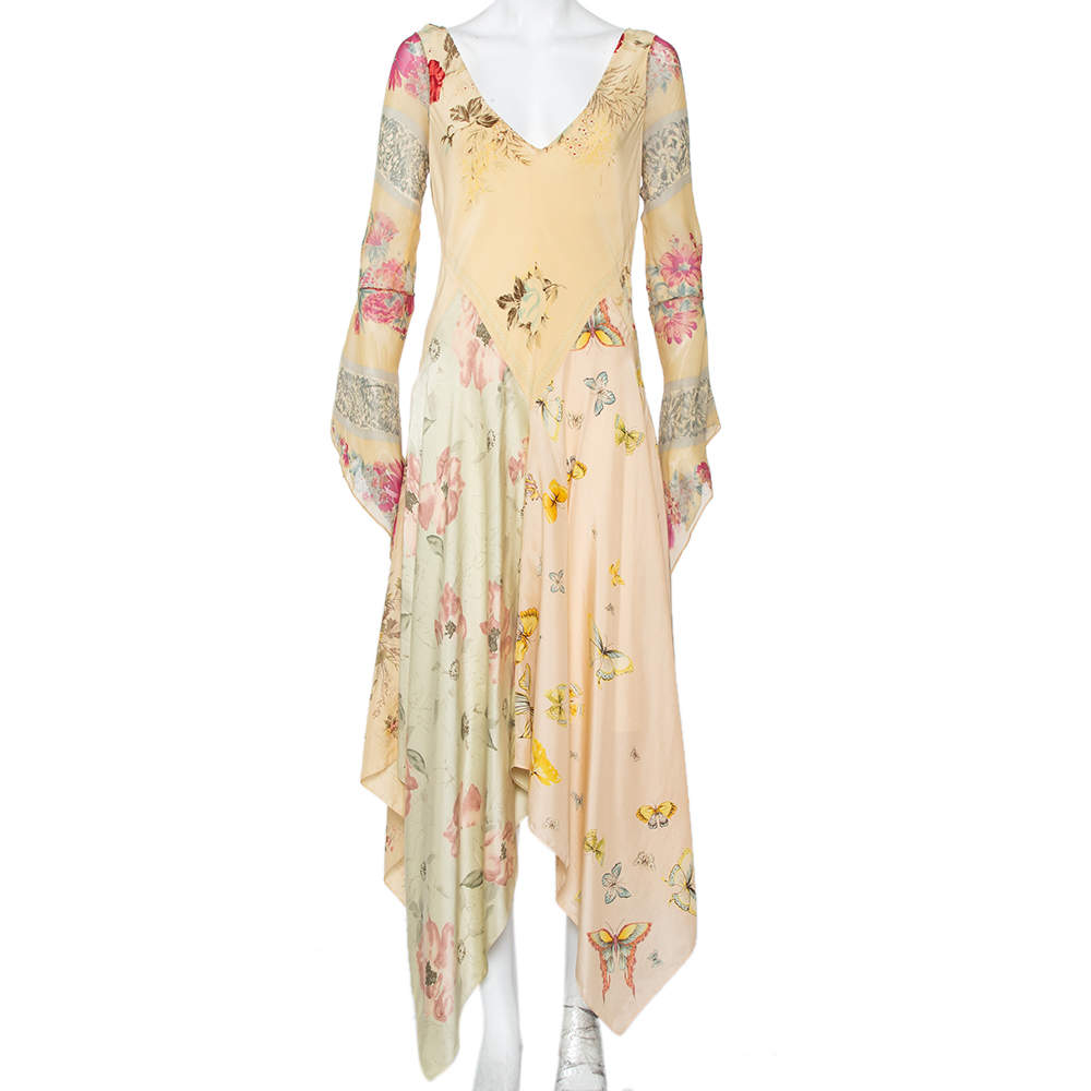Pre Owned Ralph Lauren Cream Floral Printed Silk Asymmetric Hem Maxi Dress M