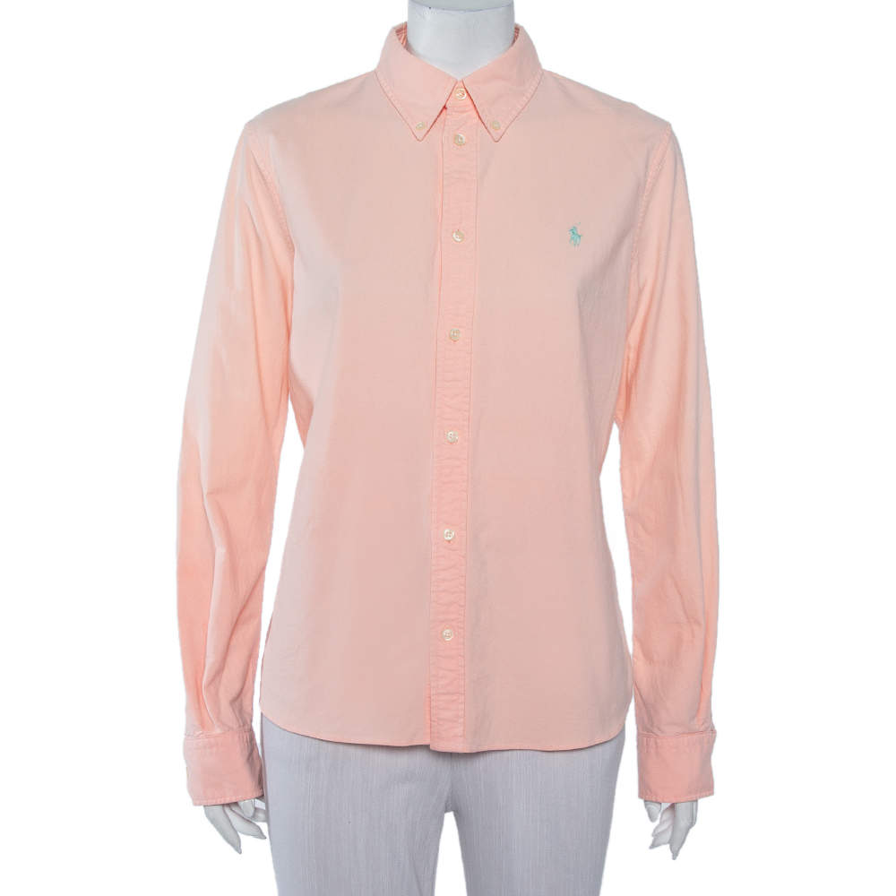 Pre Owned Ralph Lauren Orange Cotton Button Front Custom Fit Shirt L
