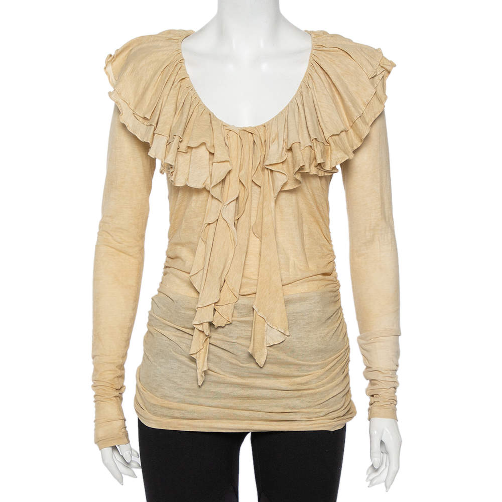 Pre Owned Ralph Lauren Beige Cool Dye Effect Cotton Knit Ruffle Detail Ruched Top S