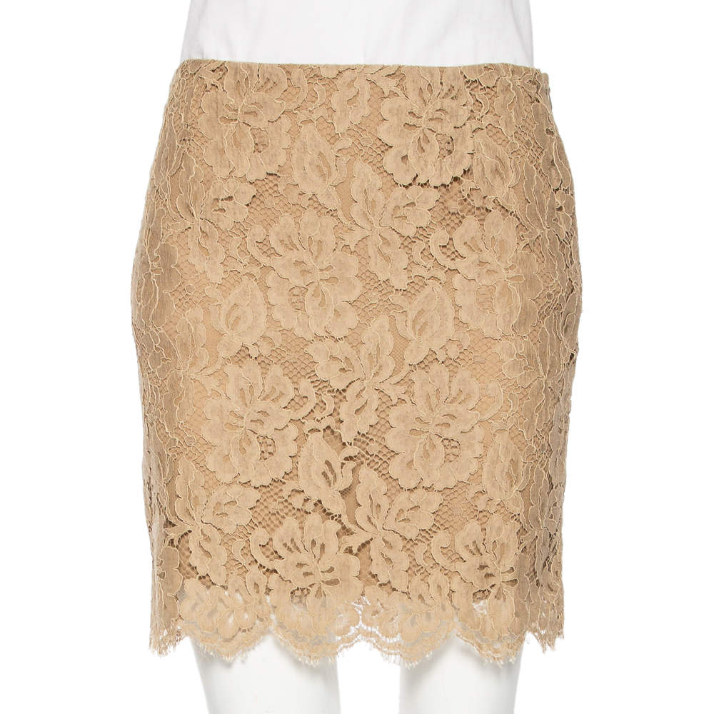Pre Owned Ralph Lauren Beige Floral Lace Scallop Hem Mini Skirt M