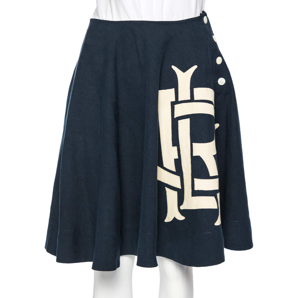 Pre Owned Ralph Lauren Navy Blue Linen Logoed Side Button Flared Skirt S