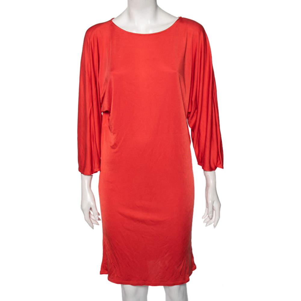 Pre Owned Ralph Lauren Coral Orange Silk Scoop Neck Detail Shift Dress M