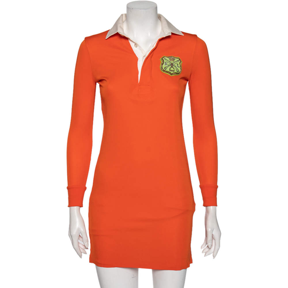 Pre Owned فستان بولو رالف لورين جيرسيه برتقالي بالشعار أكمام طويلة مقاس صغير جدًا - إكس سمول