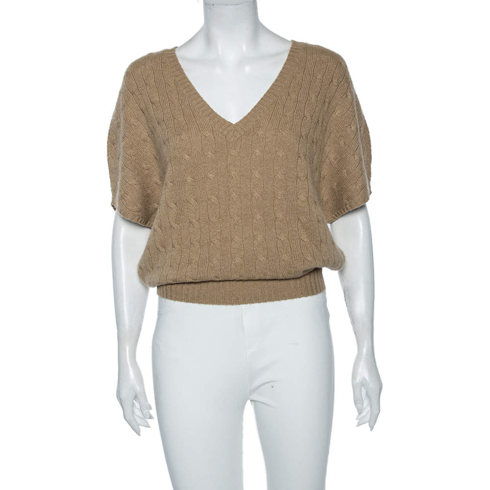 Pre Owned Ralph Lauren Light Brown Cashmere Drop Shoulder Detailed V-Neck Jumper S